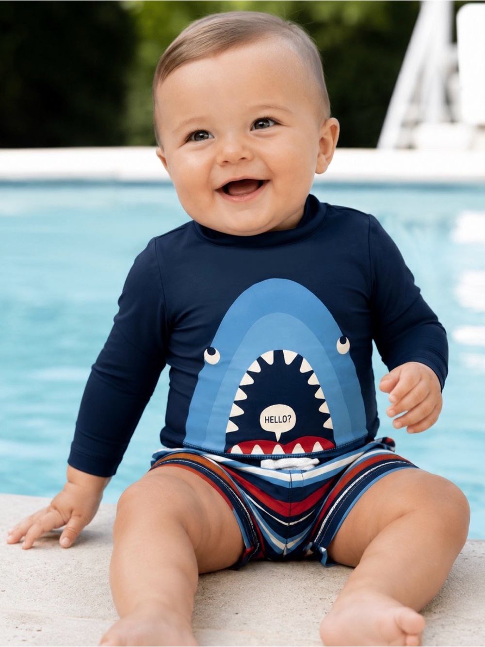 Carter's Bathing Suit Navy Shark Rash Guard Set with Red & Blue Striped Shorts